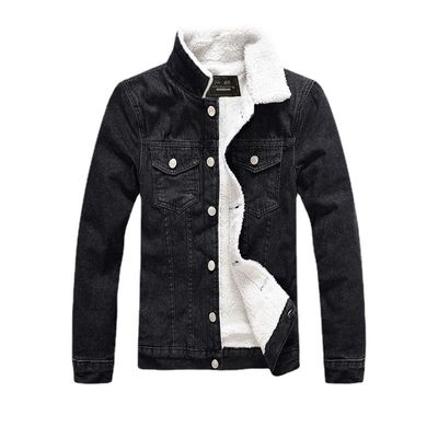 Hoodie de terciopelo de hombre abrigo de denim de invierno de talla más grande negro delgado ajuste grueso chaqueta de lana de piel de cordero
