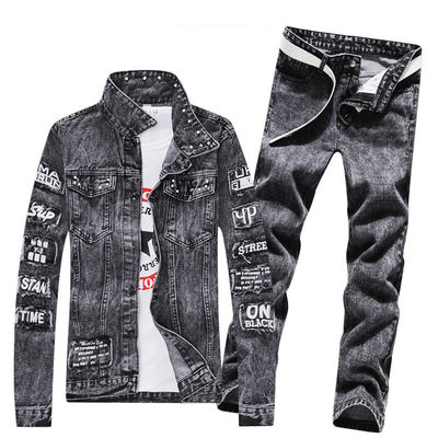 Traje de calzado masculino para exteriores de denim chaquetas de pecho único con material mezcla de poliéster y calzado