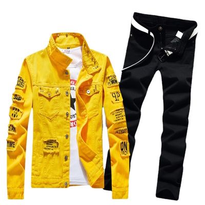 Traje de calzado masculino para exteriores de denim chaquetas de pecho único con material mezcla de poliéster y calzado