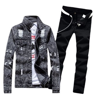 Traje de calzado masculino para exteriores de denim chaquetas de pecho único con material mezcla de poliéster y calzado