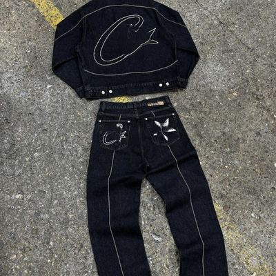 Traje de deporte de hombres de gran tamaño traje de chaqueta personalizado casual 2 piezas con tela de denim