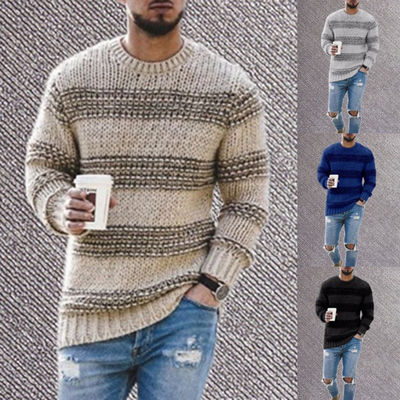 No detección de agujas suéter rayado masculino para uso casual 2023 cuello redondo de punto superior