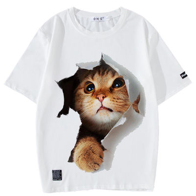 T-Shirt de hombre con patrón impreso y gato animado en 3D