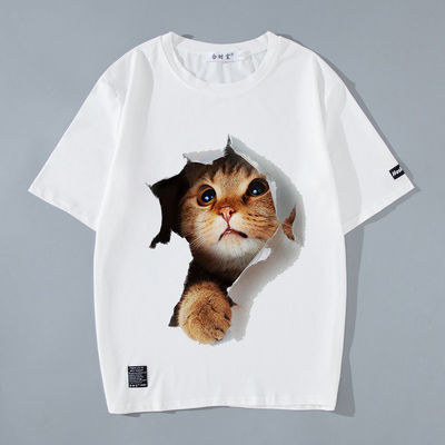 T-Shirt de hombre con patrón impreso y gato animado en 3D