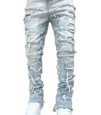 Botas de estilo callejero para hombres Cortado Azul claro Tassel dañado Applique Jeans Spandex / algodón