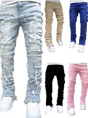 Botas de estilo callejero para hombres Cortado Azul claro Tassel dañado Applique Jeans Spandex / algodón