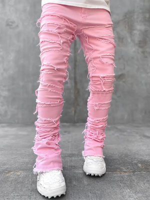 Botas de estilo callejero para hombres Cortado Azul claro Tassel dañado Applique Jeans Spandex / algodón