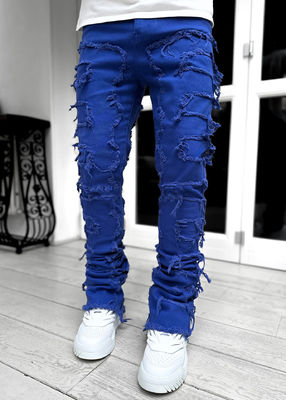 Botas de estilo callejero para hombres Cortado Azul claro Tassel dañado Applique Jeans Spandex / algodón