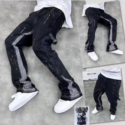 Jeans rectos para hombres de High Street con diseño impreso y ligera luz en lavado oscuro