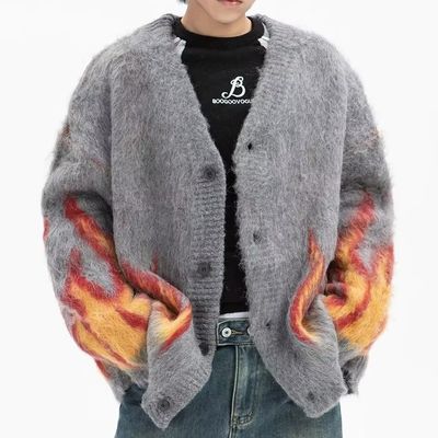 Computación Tricotada Invierno Flame Jacquard V-collar suéter masculino para la comodidad Casual