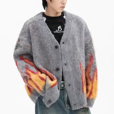 Computación Tricotada Invierno Flame Jacquard V-collar suéter masculino para la comodidad Casual