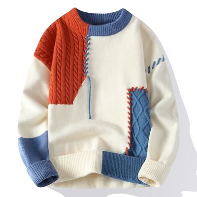 Cuello redondo Hombre de otoño invierno suéteres de Navidad ropa de calle coreana suéter de parcheado