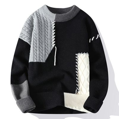 Cuello redondo Hombre de otoño invierno suéteres de Navidad ropa de calle coreana suéter de parcheado