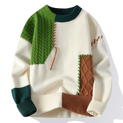 Cuello redondo Hombre de otoño invierno suéteres de Navidad ropa de calle coreana suéter de parcheado