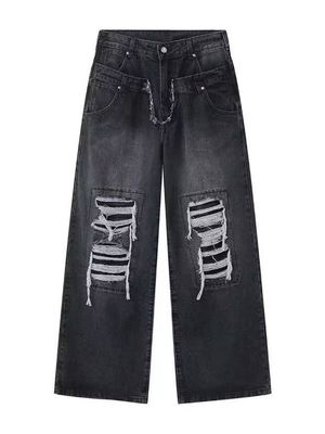 Hip Hop masculino de cintura doble pantalones vaqueros de denim apilados artículos en stock