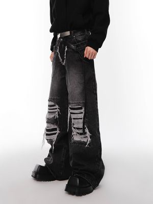 Hip Hop masculino de cintura doble pantalones vaqueros de denim apilados artículos en stock