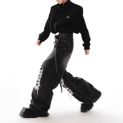Hip Hop masculino de cintura doble pantalones vaqueros de denim apilados artículos en stock