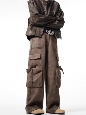 Pantalones largos de piernas rectas para hombres Vintage con bolsillo de piel de venado
