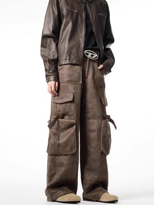 Pantalones largos de piernas rectas para hombres Vintage con bolsillo de piel de venado