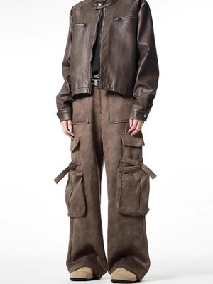 Pantalones largos de piernas rectas para hombres Vintage con bolsillo de piel de venado