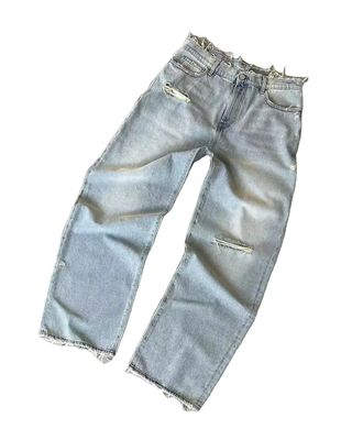 Pantalones personalizados de piernas anchas cintura media denim con lágrimas en el saco jeans mujer pantalones de hombre de talla grande