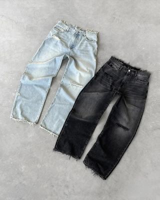 Pantalones personalizados de piernas anchas cintura media denim con lágrimas en el saco jeans mujer pantalones de hombre de talla grande
