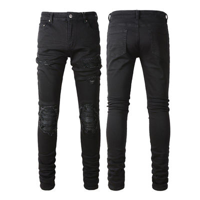 Tejido Negro Casual Respirante Rompido Estiramiento Elastico Diseñador Parche Hombres Jeans Pantalones