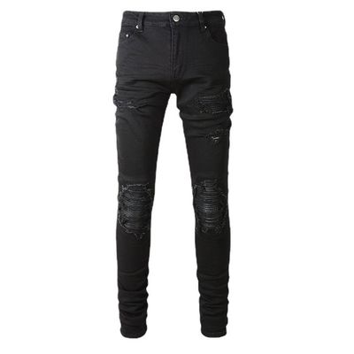 Tejido Negro Casual Respirante Rompido Estiramiento Elastico Diseñador Parche Hombres Jeans Pantalones