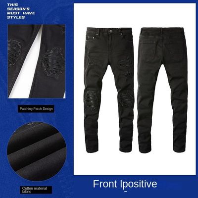 Tejido Negro Casual Respirante Rompido Estiramiento Elastico Diseñador Parche Hombres Jeans Pantalones