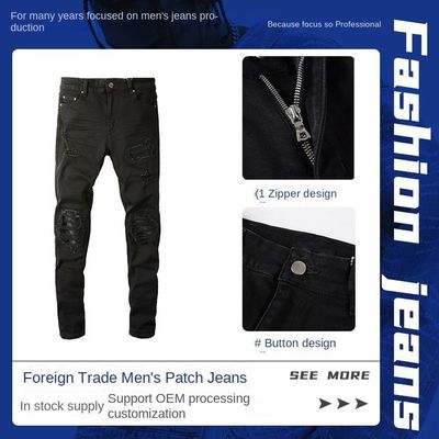 Tejido Negro Casual Respirante Rompido Estiramiento Elastico Diseñador Parche Hombres Jeans Pantalones