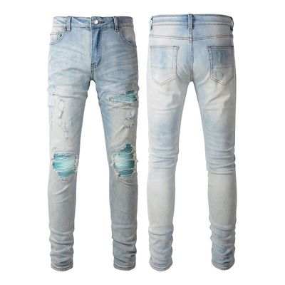 PUNK STYLE Los hombres rasgados delgados de cintura media Blue Denim Vintage Lavado Estiramiento