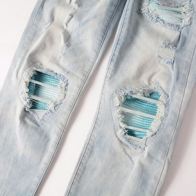 PUNK STYLE Los hombres rasgados delgados de cintura media Blue Denim Vintage Lavado Estiramiento