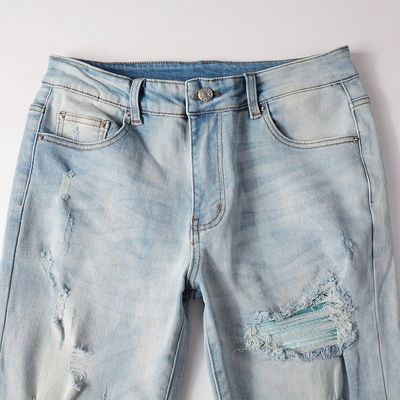 PUNK STYLE Los hombres rasgados delgados de cintura media Blue Denim Vintage Lavado Estiramiento