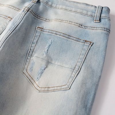 PUNK STYLE Los hombres rasgados delgados de cintura media Blue Denim Vintage Lavado Estiramiento