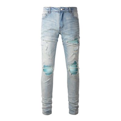 PUNK STYLE Los hombres rasgados delgados de cintura media Blue Denim Vintage Lavado Estiramiento