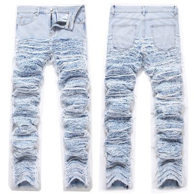 Medio de la cintura destruido Jeans lavados de denim de piernas rectas pantalones de hombre pantalones
