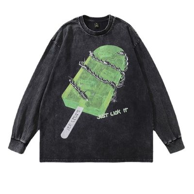 250 gramos Suéter masculino lavado de manga larga Retro Hip Hop Suéter de cuello redondo Tejido