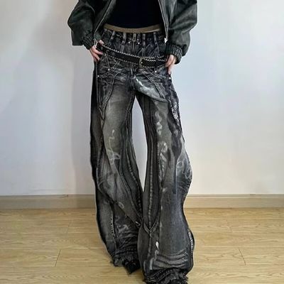 Pantalones de carga de poliéster y algodón lavado Y2K de diseño de onda de gran tamaño