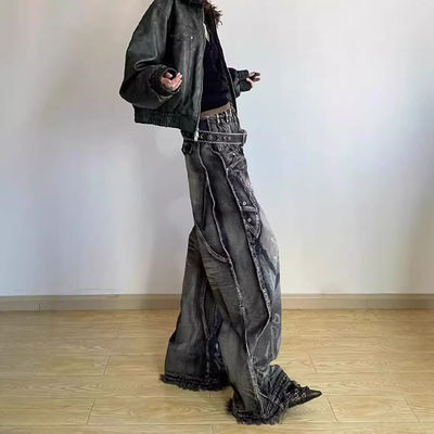 Pantalones de carga de poliéster y algodón lavado Y2K de diseño de onda de gran tamaño