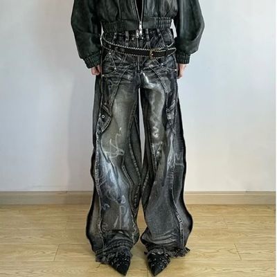 Pantalones de carga de poliéster y algodón lavado Y2K de diseño de onda de gran tamaño