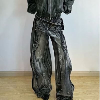 Pantalones de carga de poliéster y algodón lavado Y2K de diseño de onda de gran tamaño