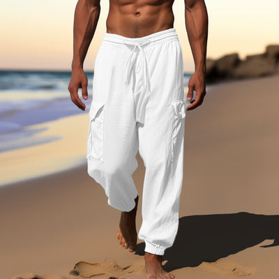 Pantalones de hombre de diseño impreso y material suelto de algodón y lino
