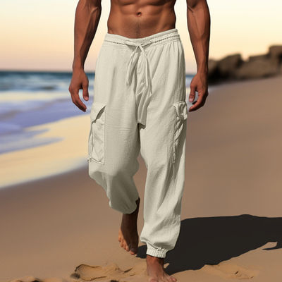 Pantalones de hombre de diseño impreso y material suelto de algodón y lino