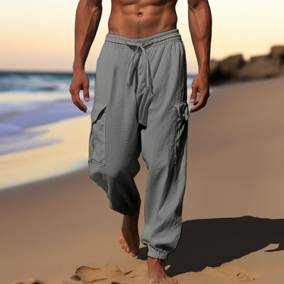 Pantalones de hombre de diseño impreso y material suelto de algodón y lino