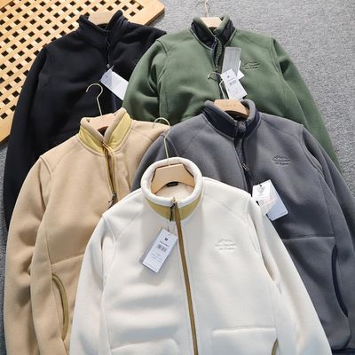 Vello polar bordado Unisex engrosado collar de apoyo caliente chaqueta masculina abrigo de punto