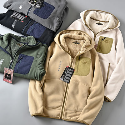 Vello polar bordado Unisex engrosado collar de apoyo caliente chaqueta masculina abrigo de punto